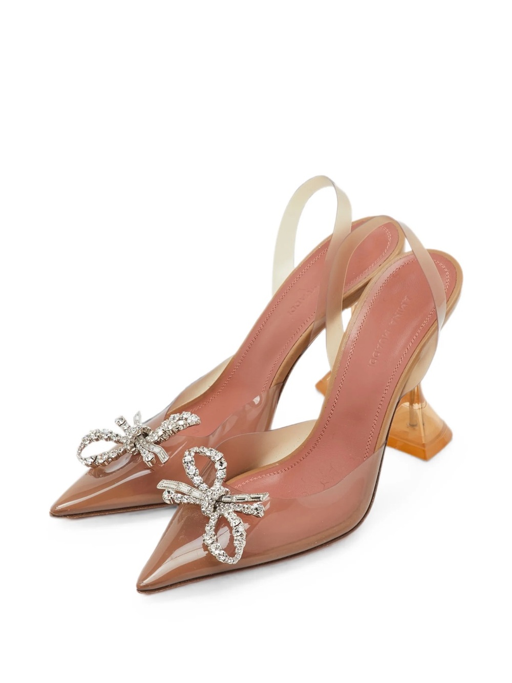 Amina Muaddi Blush-Pink Crystal Bow Pointed Slingbacks